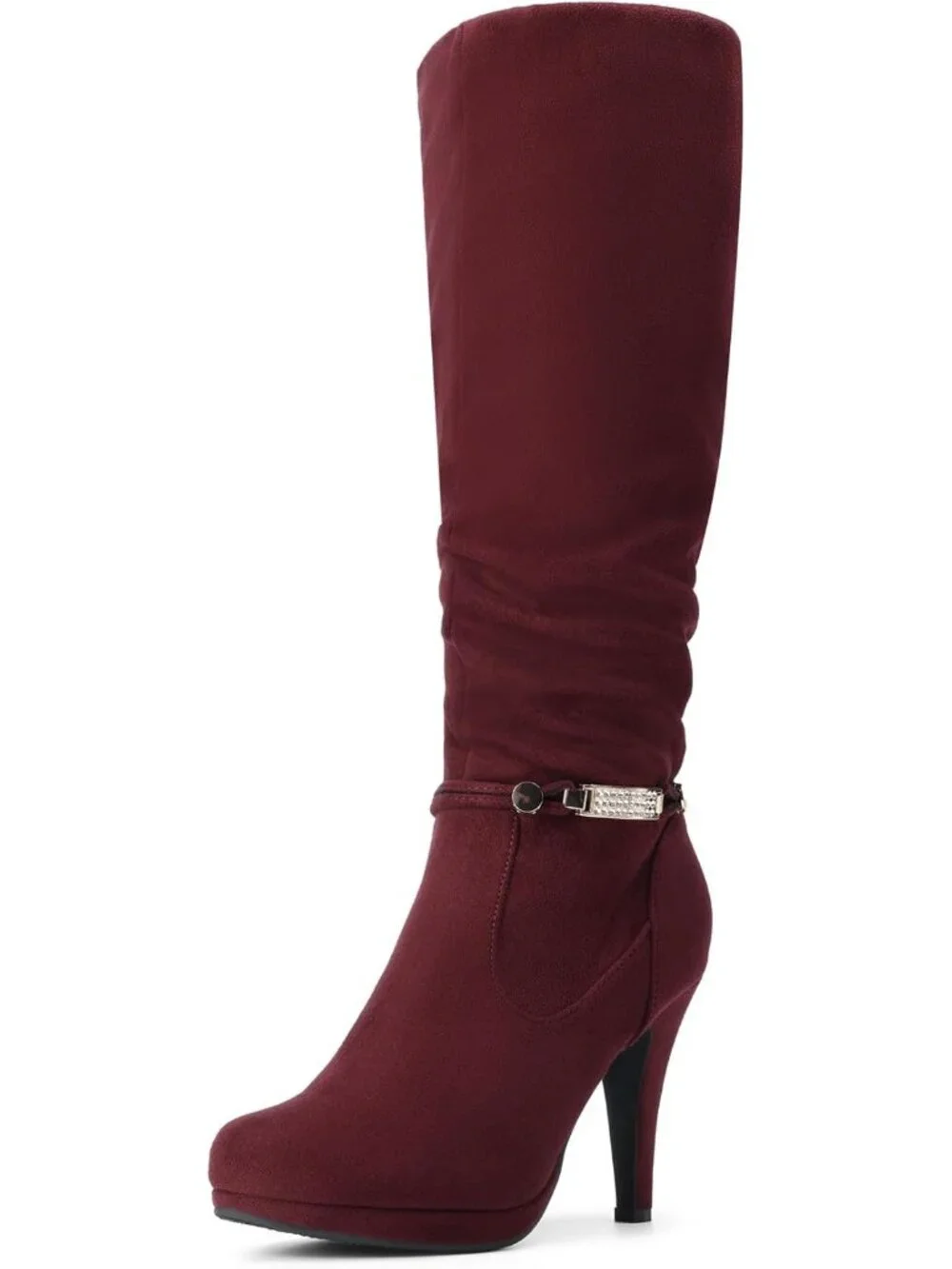 Women's Burgundy Stiletto Heel Rhinestone Chain Side Zipper Knee High Boots
